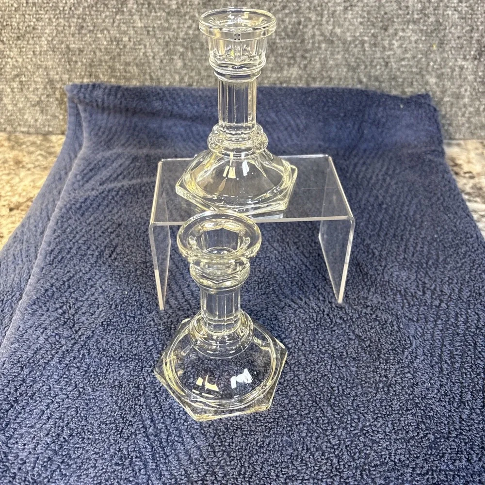 Set of 2~Vtg~Clear Glass~HOMCO USA~Candle Holders Pedestal Candlesticks 4